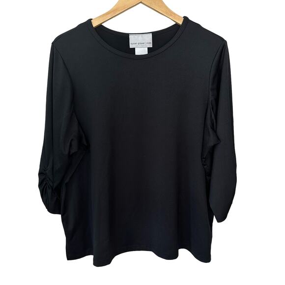 Susan Graver Style Black Pullover Top Ruched Sleeves Womens Plus Size 1X Stretch - Picture 1 of 5